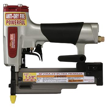 A pneumatic nail gun labeled "Anti-Dry Fire Powerful," featuring a black grip handle and silver-red body, with specifications and safety warnings on the side.