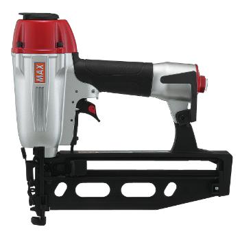 Air-powered nail gun with a red and silver body, featuring a black ergonomic handle and elongated nail magazine.