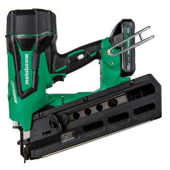 Green and black Metabo HPT cordless framing nailer with an 18V battery, side profile view.