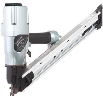 Close-up of an angled pneumatic nail gun with a silver and black casing and visible handle.