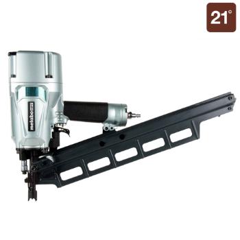 A silver Metabo HPT nail gun with a black handle and magazine, displayed at a 21-degree angle.