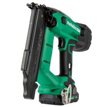 Green Metabo HPT nail gun with a black magazine and silver clip, shown from a low angle.