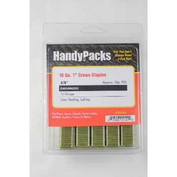 Package of HandyPacks 16 gauge, 1-inch crown galvanized staples, approximately 700 count, for use in roofing and lathing.