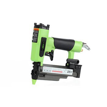 A green pneumatic nail gun with a black grip handle, and a nail cartridge attached underneath.