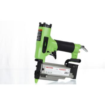 A green pneumatic nail gun with a black handle and a metal magazine, positioned against a white background.