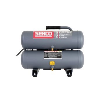 A gray Senco PC1131 air compressor with two stacked tanks, a handle, and visible brand label.