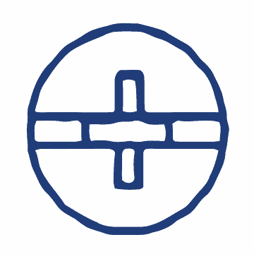 A blue abstract symbol featuring a circle with a central cross and horizontal bar.