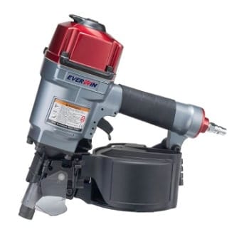 A pneumatic nail gun with a red and gray body, black handle, and attached coil magazine.