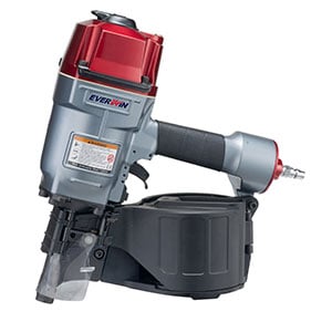 A heavy-duty pneumatic coil nailer with a compact design and red and silver casing.