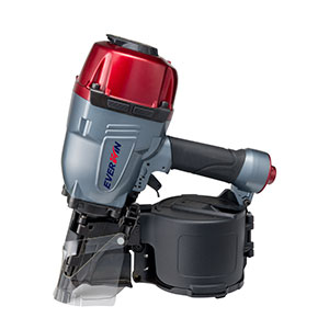 A pneumatic nail gun with a red and gray body and a black handle.