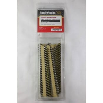 A package of finishing nails with a red "HandyPacks" label, containing several rows of metal nails for construction or repair projects.