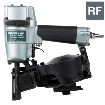 A coil nailer with a metallic body and black grip, labeled "metabo HPT NV 45AB2," designed for roofing tasks. The tool is set against a white background.