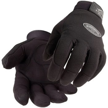 A pair of black tactical gloves with textured palms and reinforced areas, shown against a white background.