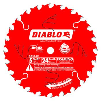 Red Diablo saw blade with 24 teeth, labeled for framing. Max RPM 12,000.