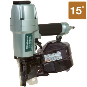 A 15-degree pneumatic coil nailer with a gray and black body.