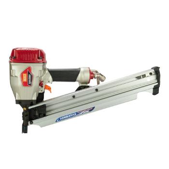 Pneumatic nail gun with a red top, silver body, and a black handle. It features an angled magazine for nails.