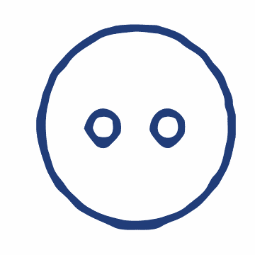 A simple drawing of a blue circle with two smaller circles inside, resembling a button with holes.