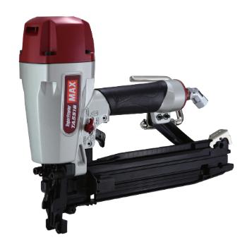 A red and silver pneumatic nail gun with a black handle and adjustable depth control.