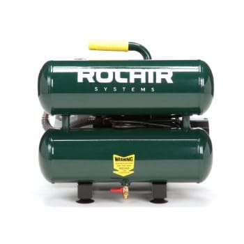 Green Rolair air compressor with two stacked tanks and a yellow handle.